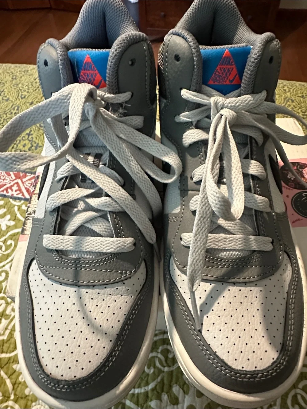 Nike Kids Gray and White High-Top Sneakers with Blue Tongue Detail